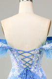 Smuk kappe fra skulderen blå kort hjemkomstkjole med fjer