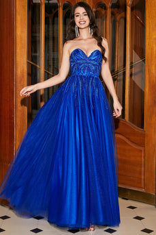 Royal Blue A-Line Sweetheart Long Beaded Prom Dress med tilbehør