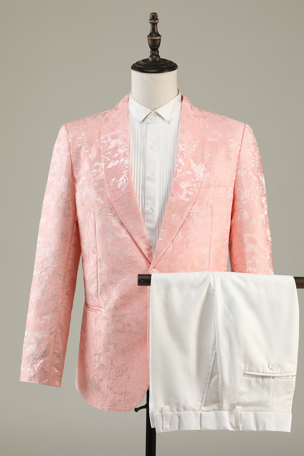 Lyserød Jacquard 2-delt sjal revers One Button Prom Suits