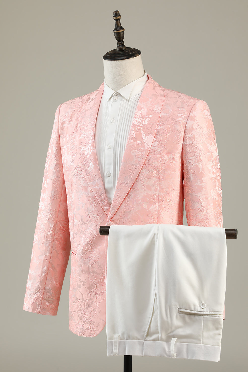 Lyserød Jacquard 2-delt sjal revers One Button Prom Suits