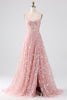 Indlæs billede til gallerivisning Sparkly Blush A Line Spaghetti Straps Pailletkorset Prom kjole med slids