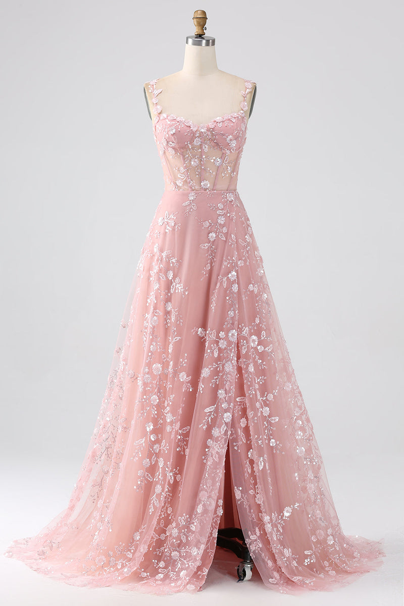 Indlæs billede til gallerivisning Sparkly Blush A Line Spaghetti Straps Pailletkorset Prom kjole med slids