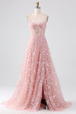 Sparkly Blush A Line Spaghetti Straps Pailletkorset Prom kjole med slids