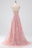 Sparkly Blush A Line Spaghetti Straps Pailletkorset Prom kjole med slids