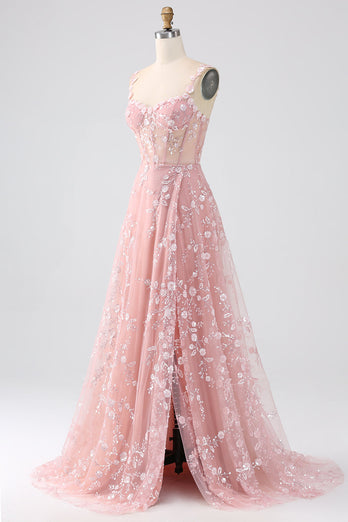 Sparkly Blush A Line Spaghetti Straps Pailletkorset Prom kjole med slids