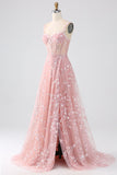 Sparkly Blush A Line Spaghetti Straps Pailletkorset Prom kjole med slids