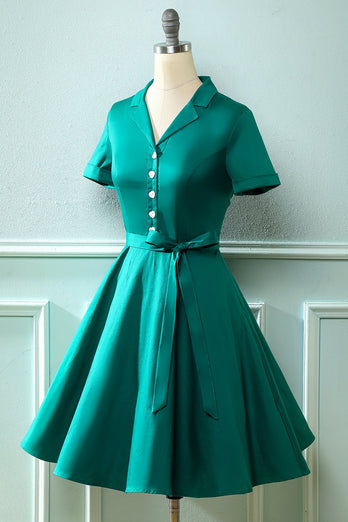 Army Green V Neck 1950'erne Kjole med Bowknot