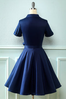 Navy V Neck 1950'erne kjole med Bowknot