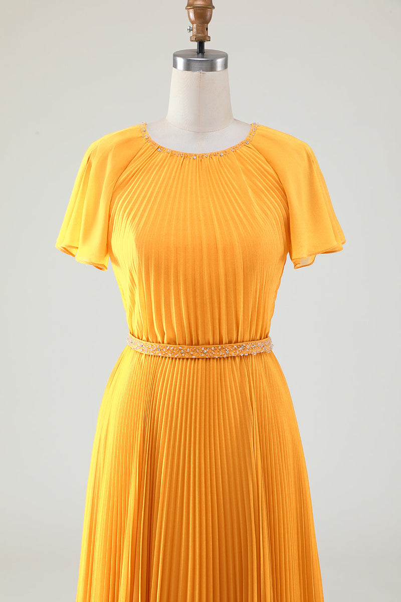 Indlæs billede til gallerivisning A-line plisseret gul brudemorkjole med runde halse med korte ærmer