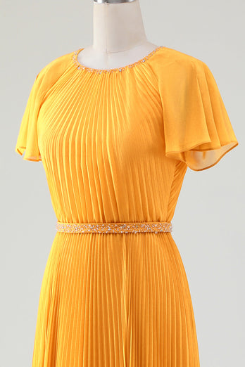 A-line plisseret gul brudemorkjole med runde halse med korte ærmer
