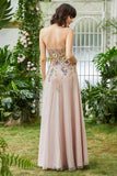 Elegant A Line Strapless Blush Lang brudegæstekjole med 3D-blomster