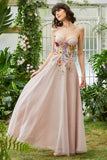 Elegant A Line Strapless Blush Lang brudegæstekjole med 3D-blomster