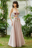 Elegant A Line Strapless Blush Lang brudegæstekjole med 3D-blomster