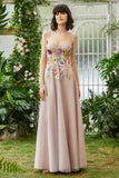 Elegant A Line Strapless Blush Lang brudegæstekjole med 3D-blomster