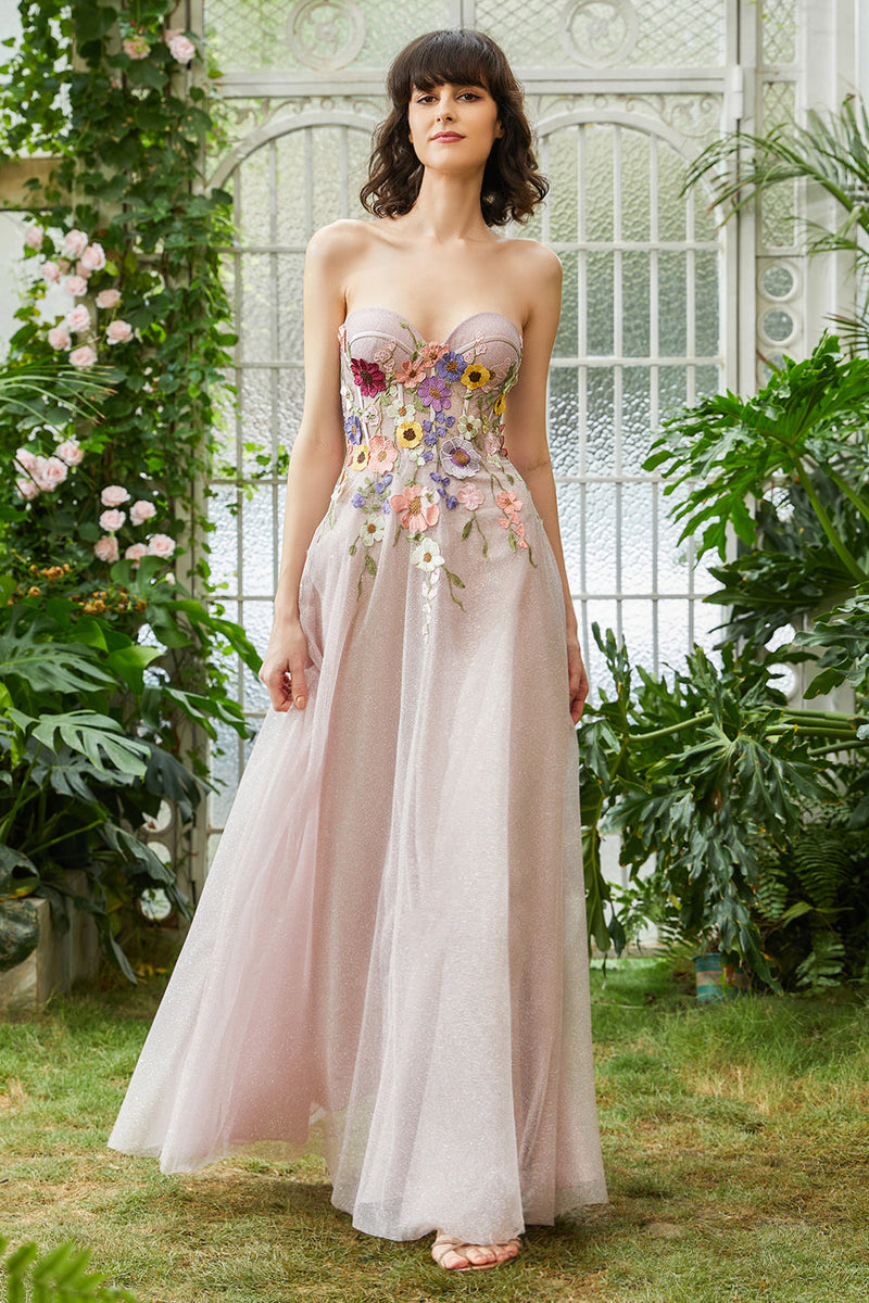 Indlæs billede til gallerivisning Elegant A Line Strapless Blush Lang brudegæstekjole med 3D-blomster