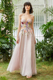 Elegant A Line Strapless Blush Lang brudegæstekjole med 3D-blomster