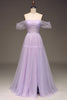 Indlæs billede til gallerivisning Lilac fra skulder A Line Tyl Prinsesse gallakjole med slids