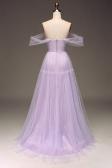 Lilac fra skulder A Line Tyl Prinsesse gallakjole med slids