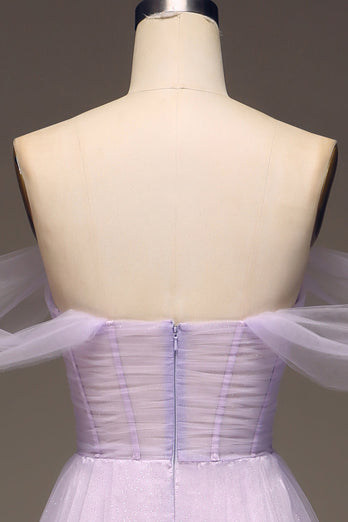 Lilac fra skulder A Line Tyl Prinsesse gallakjole med slids