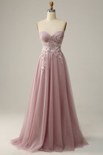 A Line Sweetheart Grey Purple Long Prom Dress med applikationer
