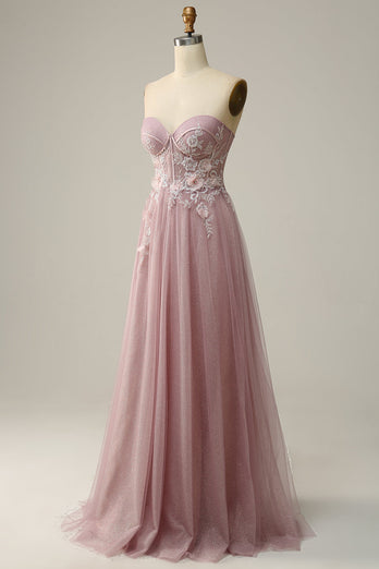 A Line Sweetheart Grey Purple Long Prom Dress med applikationer