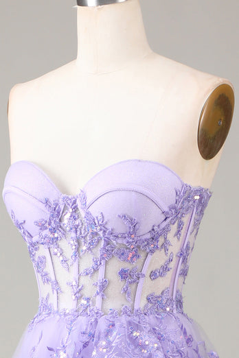 Lavendel stropløs lagdelt tyl korset gallakjole med applikationer