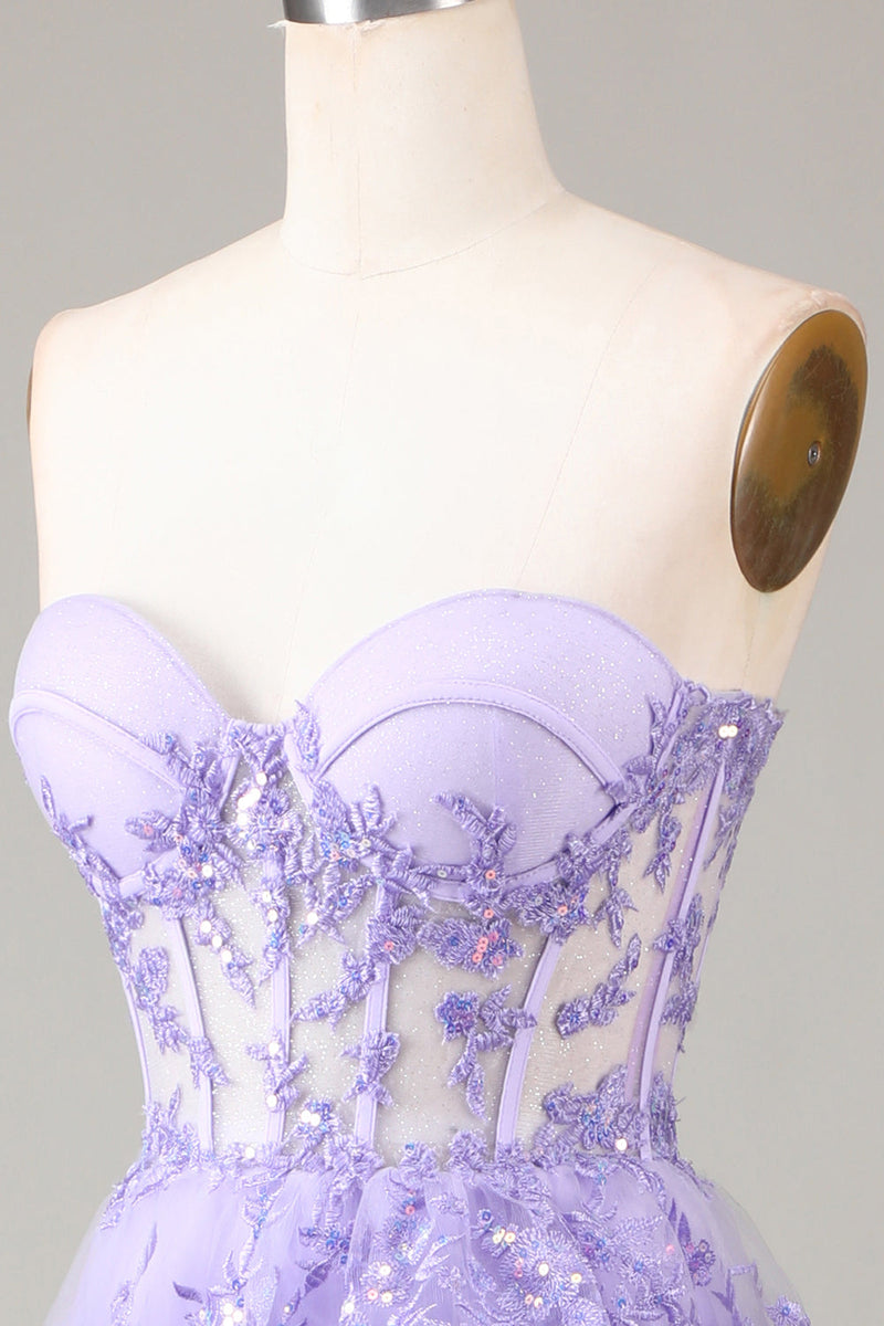 Indlæs billede til gallerivisning Lavendel stropløs lagdelt tyl korset gallakjole med applikationer