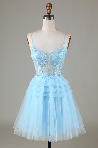 Blue Glitter Cute Homecoming Dress med applikationer