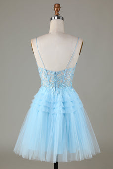 Blue Glitter Cute Homecoming Dress med applikationer