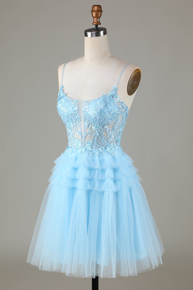 Indlæs billede til gallerivisning Blue Glitter Cute Homecoming Dress med applikationer