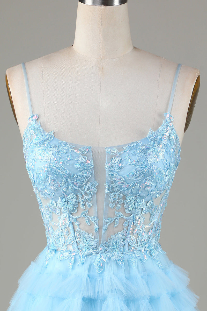 Indlæs billede til gallerivisning Blue Glitter Cute Homecoming Dress med applikationer