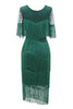 Indlæs billede til gallerivisning Mørkegrøn rund hals 1920&#39;er kjole med frynser