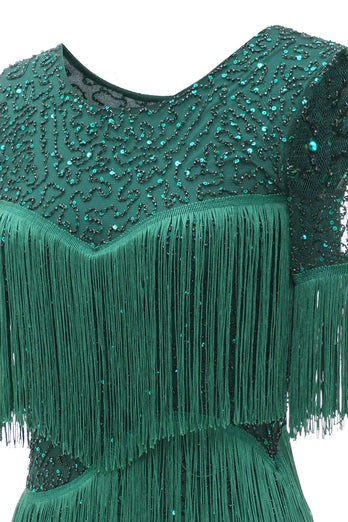 Mørkegrøn rund hals 1920'er kjole med frynser