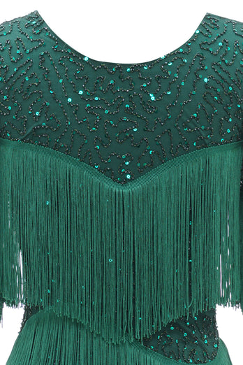 Mørkegrøn rund hals 1920'er kjole med frynser