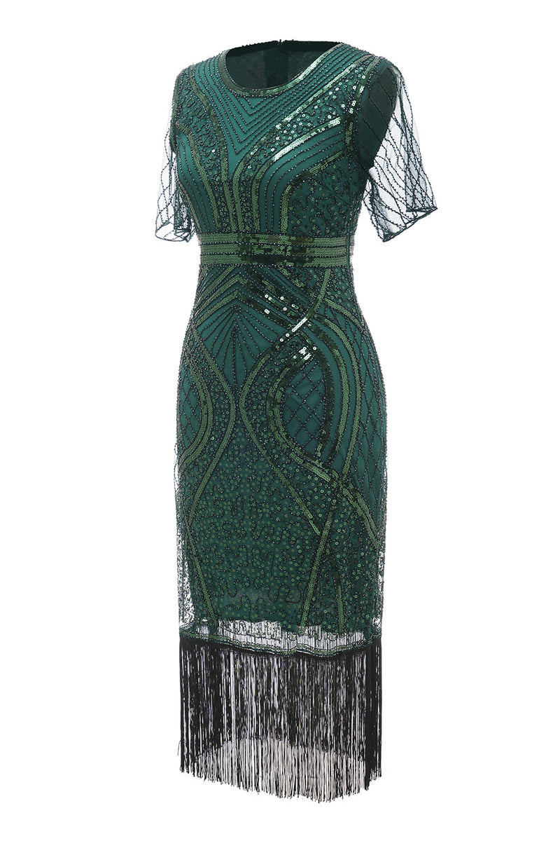Indlæs billede til gallerivisning Mørkegrøn kortærmet kjole fra 1920&#39;erne med frynser