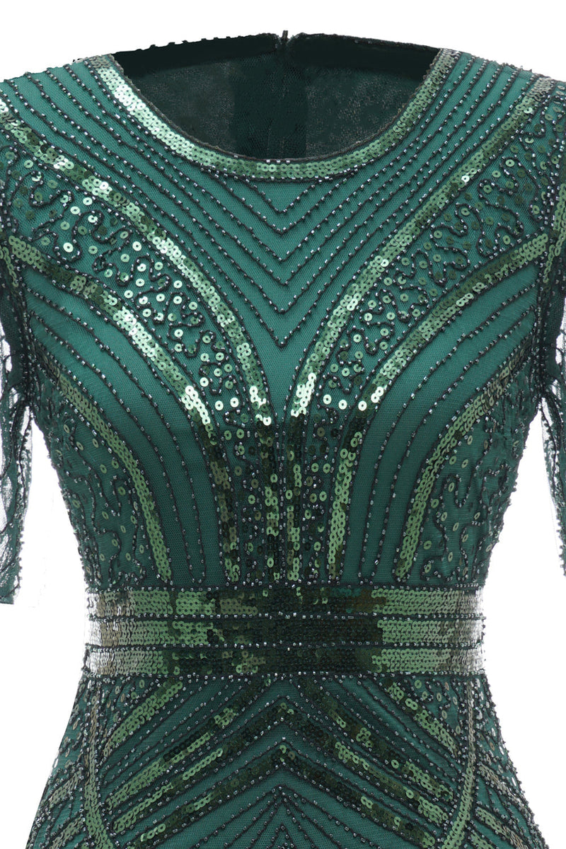 Indlæs billede til gallerivisning Mørkegrøn kortærmet kjole fra 1920&#39;erne med frynser