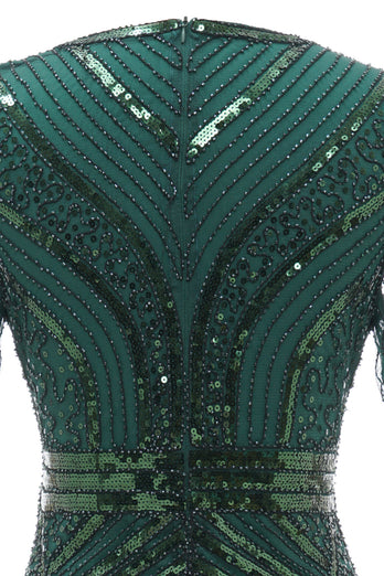 Mørkegrøn kortærmet kjole fra 1920'erne med frynser