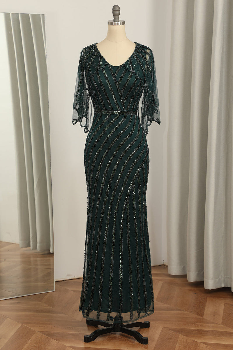 Indlæs billede til gallerivisning Mørkegrøn paillethals Lang kjole fra 1920&#39;erne