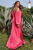 Indlæs billede til gallerivisning Kappe af skulderen Fuchsia Plus størrelse prom kjole med lange ærmer