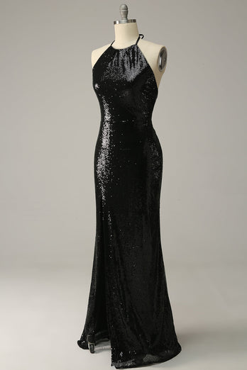 Sheath Halter Black Pailletter Plus Size Prom kjole med åben ryg