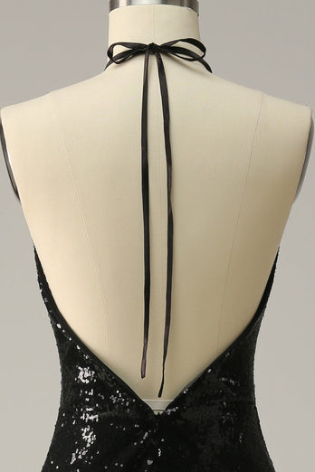 Sheath Halter Black Pailletter Plus Size Prom kjole med åben ryg
