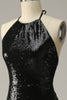 Indlæs billede til gallerivisning Sheath Halter Black Pailletter Plus Size Prom kjole med åben ryg