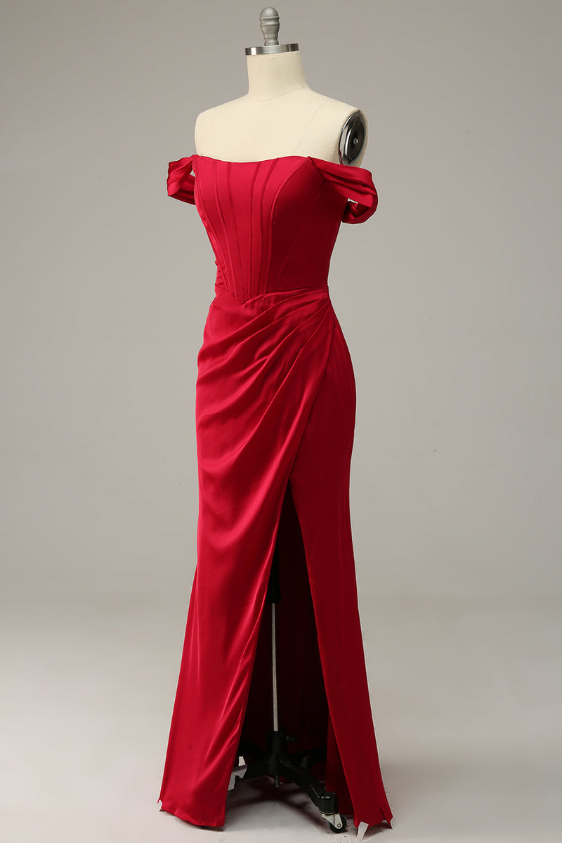 Indlæs billede til gallerivisning Havfrue fra skulderen Bourgogne plus størrelse prom kjole med split front