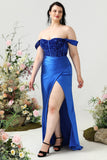 Skulderskede Royal Blue Plus Size gallakjole med delt front