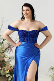 Skulderskede Royal Blue Plus Size gallakjole med delt front