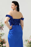 Skulderskede Royal Blue Plus Size gallakjole med delt front