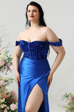 Skulderskede Royal Blue Plus Size gallakjole med delt front