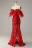 Indlæs billede til gallerivisning Havfrue fra skulderen Bourgogne plus størrelse prom kjole med fjer