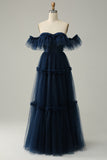 A-line af skulderen Sweetheart Tulle Navy Long Prom Kjole