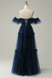 A-line af skulderen Sweetheart Tulle Navy Long Prom Kjole